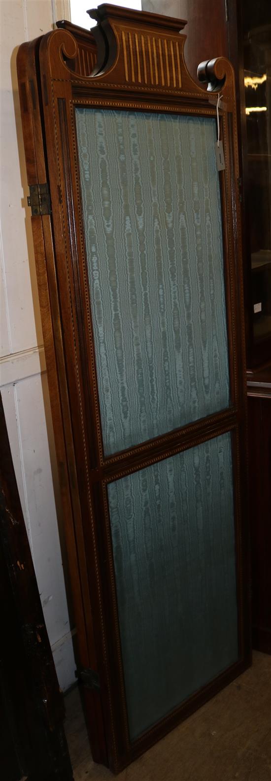 Edwardian mahogany three-fold draught screen with shaped architectural cresting & turquoise watered silk panels